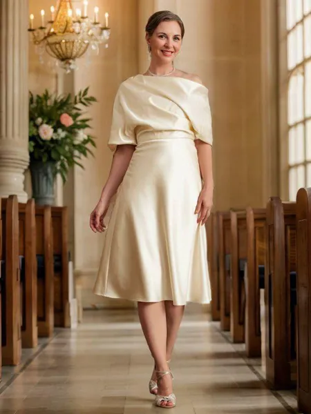 A-Line/Princess Off-the-Shoulder Tea-Length Charmeuse Mother of the Bride Dresses With Ruffles