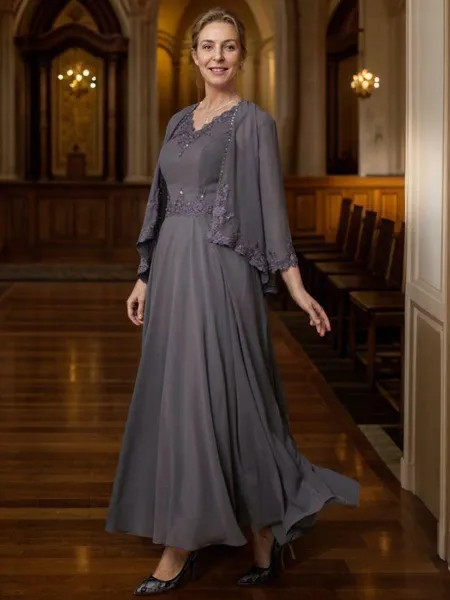 A-Line/Princess V-neck Ankle-Length Chiffon Mother of the Bride Dresses With Applique