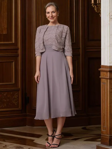 A-Line/Princess Scoop Tea-Length Chiffon Mother of the Bride Dresses With Lace