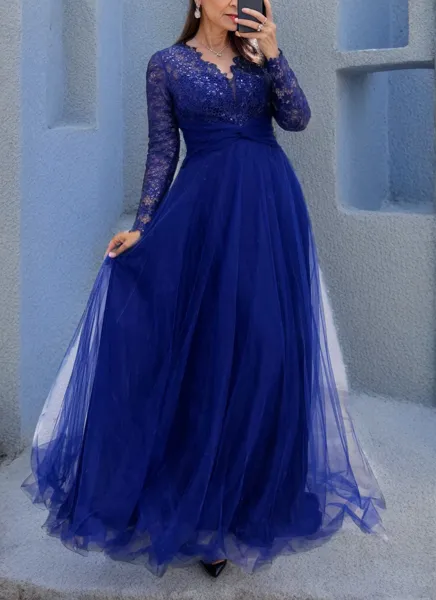 A-line V-neck Long Sleeves Appliques Lace Floor-Length Tulle Mother of the Bride Dress