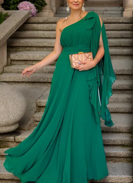 A-line One-Shoulder Pleated Floor-Length Chiffon Mother of the Bride Dress