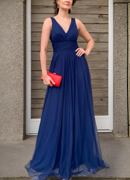 A-line V-neck Pleated Floor-Length Tulle Mother of the Bride Dress