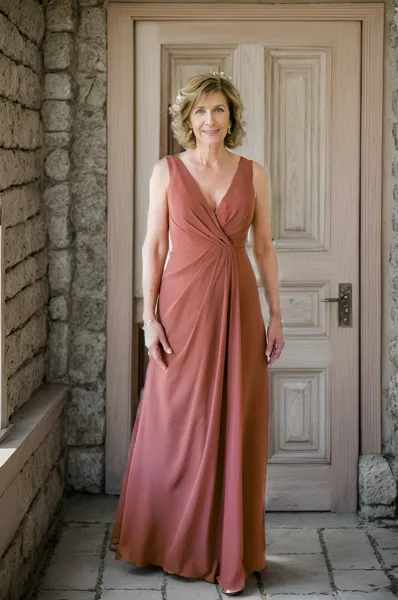 A-line V-neck Pleated Floor-Length Chiffon Mother of the Bride Dress