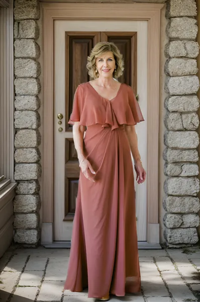 A-line Scoop Short Sleeves Pleated Floor-Length Chiffon Mother of the Bride Dress