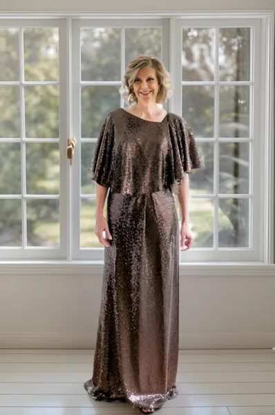 Sheath Scoop Short Sleeves  Floor-Length Sequins Mother of the Bride Dress