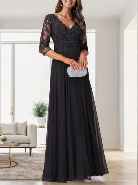 A-line V-neck 3/4 Sleeves Ruffles Floor-Length Chiffon Mother of the Bride Dress
