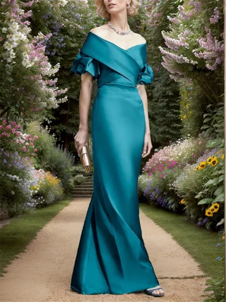 Sheath Off-the-Shoulder Short Sleeves Pleated Floor-Length Satin Mother of the Bride Dress