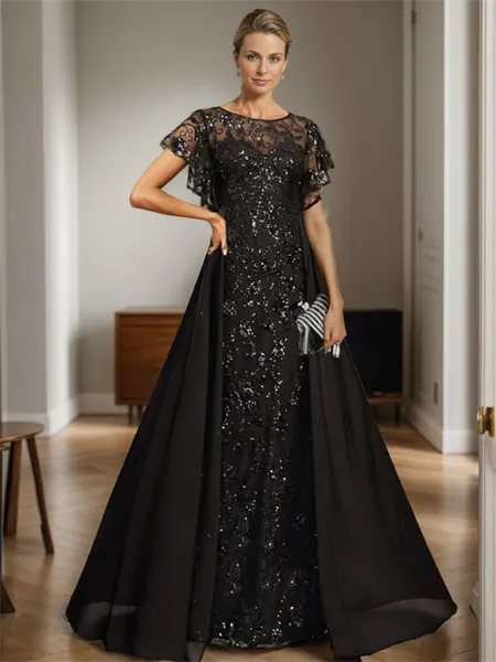 A-line Bateau Short Sleeves Sequin Floor-Length Chiffon Mother of the Bride Dress