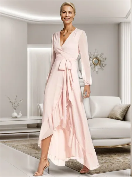 A-line V-neck Long Sleeves Ruffles Asymmetrical Satin Chiffon Mother of the Bride Dress