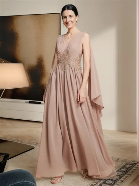 A-line V-neck Applique Floor-Length Chiffon Mother of the Bride Dress