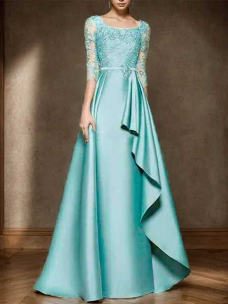 A-line Scoop 3/4 Sleeves Ruffles Floor-Length Satin Mother of the Bride Dress