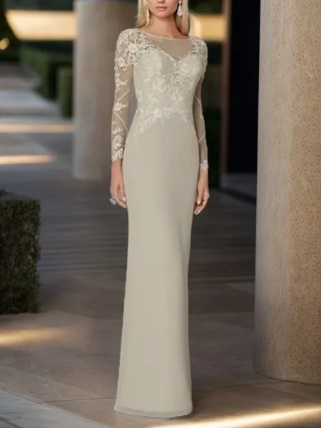 Sheath/Column Scoop Long Sleeves Floor-Length Chiffon Mother of the Bride Dress