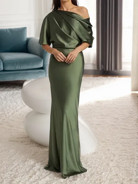 Sheath/Column One-Shoulder 1/2 Sleeves Floor-Length Silk Like Satin Mother of the Bride Dress