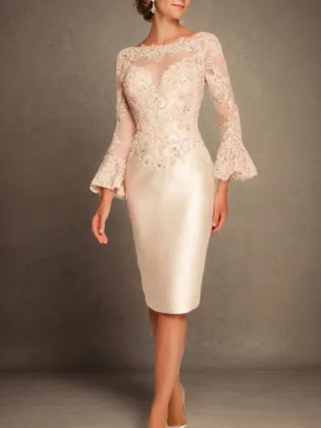 Sheath/Column Satin Applique Scoop Long Sleeves Knee-Length Mother of the Bride Dress