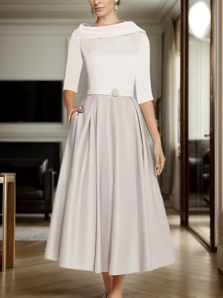 A-Line/Princess Satin Scoop 1/2 Sleeves Tea-Length Mother of the Bride Dress