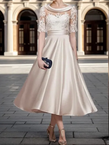 A-Line/Princess Satin Applique Scoop 1/2 Sleeves Tea-Length Mother of the Bride Dress