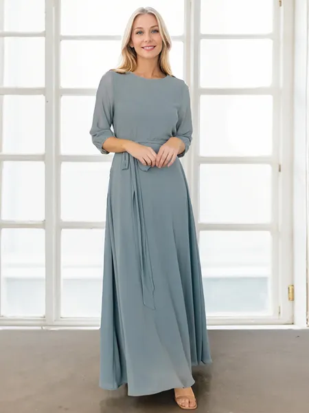 A-line/Princess Bateau Floor-Length Chiffon 3/4 Sleeves Keyhole Mother of the Bride Dresses