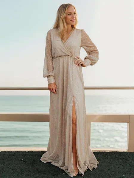 A-line/Princess V-neck Floor-Length Long Sleeves Keyhole Mother of the Bride Dresses