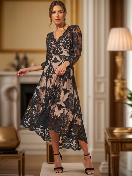 A-line/Princess V-neck Asymmetrical Lace 3/4 Sleeves Back Zip Mother of the Bride Dresses