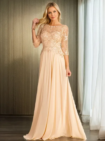 A-line/Princess Bateau Sweep Train Chiffon 3/4 Sleeves Back Zip Mother of the Bride Dresses