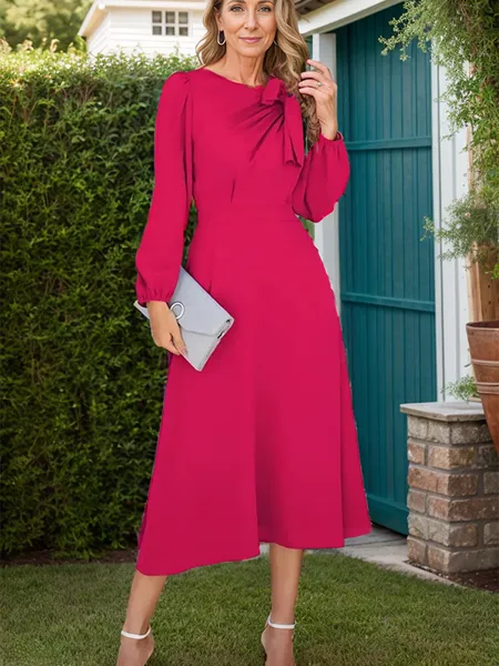 A-line/Princess Stretch Crepe Scoop Long Sleeves Tea-Length Mother of the Bride Dress