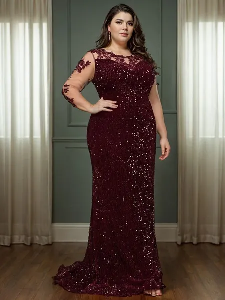 A-line/Princess Velvet Sequins Scoop Long Sleeves Sweep/Brush Train Mother of the Bride Dress