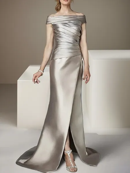 Sheath/Column Satin Off-the-Shoulder Sleeveless Sweep-Train Mother of the Bride Dress
