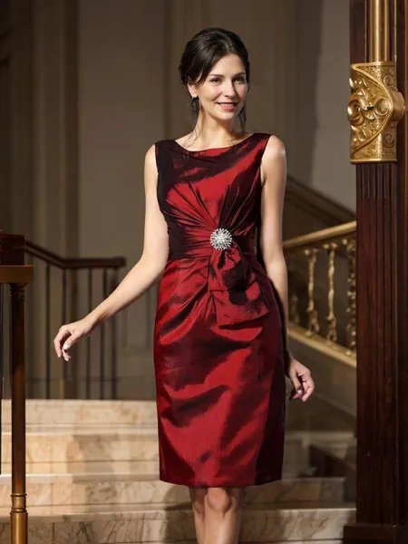 Sheath/Column Scoop Knee-Length Taffeta Mother of the Bride Dresses With Pleats