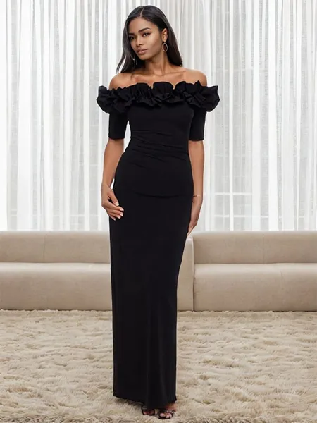 Sheath/Column Stretch Crepe Off-the-Shoulder 1/2 Sleeves Floor-Length Mother of the Bride Dress