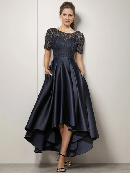 A-line/Princess Satin Scoop Short Sleeves Asymmetrical Mother of the Bride Dress