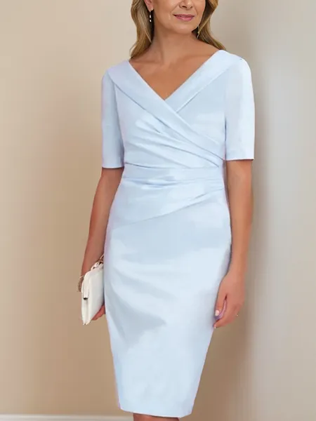 Sheath/Column Satin V-neck 1/2 Sleeves Knee-Length Mother of the Bride Dress