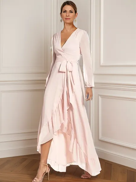 A-line/Princess Satin Chiffon V-neck Long Sleeves Asymmetrical Mother of the Bride Dress