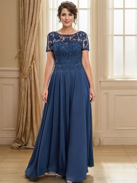 A-line Scoop Short Sleeves Appliques Lace Floor-Length Chiffon Mother of the Bride Dress