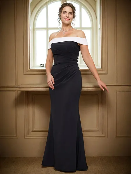 Sheath Off-the-Shoulder Floor-Length Stretch Crepe Mother of the Bride Dress