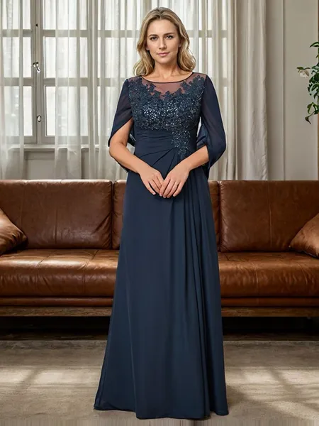 A-line Scoop Appliques Lace Floor-Length Chiffon Mother of the Bride Dress