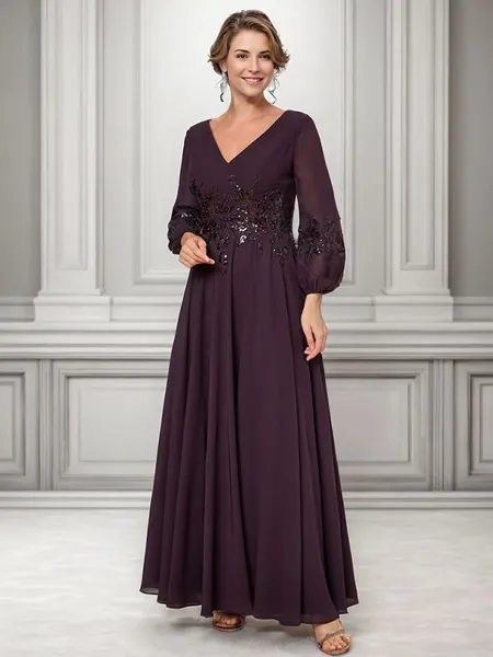 A-line V-neck Long Sleeves Appliques Lace Ankle-Length Chiffon Mother of the Bride Dress