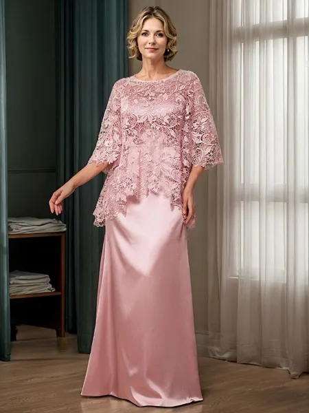 Sheath Scoop 3/4 Sleeves Appliques Lace Floor-Length Silk Like Satin Mother of the Bride Dress