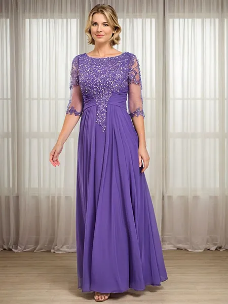 A-line Scoop 1/2 Sleeves Appliques Lace Floor-Length Chiffon Mother of the Bride Dress