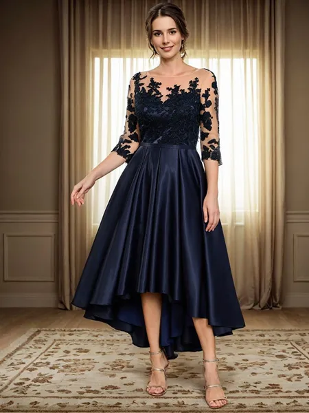 A-line Bateau 3/4 Sleeves Appliques Lace Asymmetrical Satin Mother of the Bride Dress