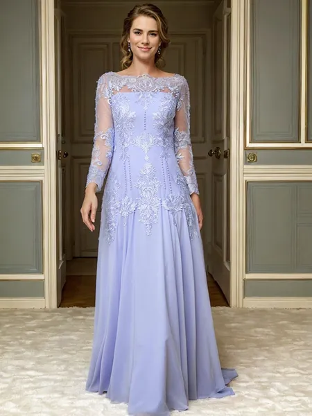 A-line Bateau Long Sleeves Appliques Lace Sweep Train Chiffon Mother of the Bride Dress
