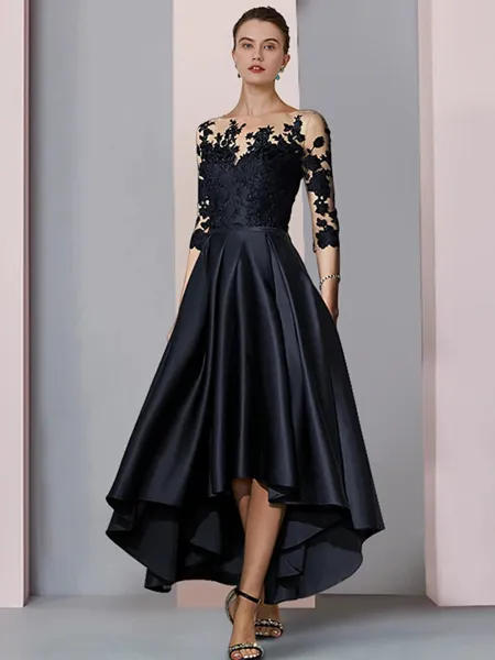 A-Line Bateau 3/4 Sleeves Applique Asymmetrical Satin Mother of the Bride Dress