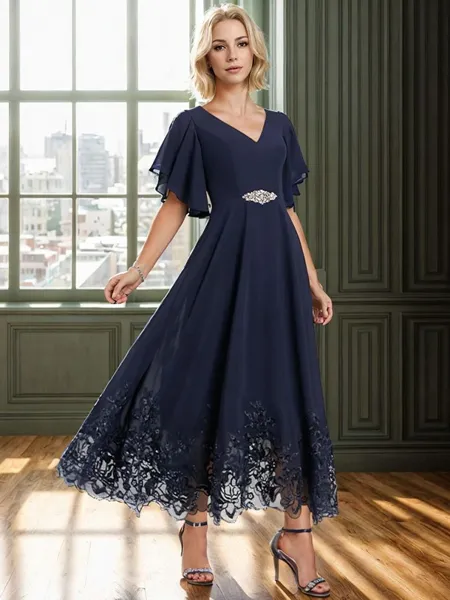 A-Line V-neck Short Sleeves Applique Ankle-Length Chiffon Mother of the Bride Dress