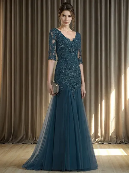 Sheath V-neck 1/2 Sleeves Appliques Lace Sweep Train Tulle Mother of the Bride Dress