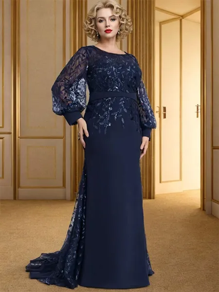 Sheath Scoop Long Sleeves Appliques Lace Sweep Train Chiffon Mother of the Bride Dress