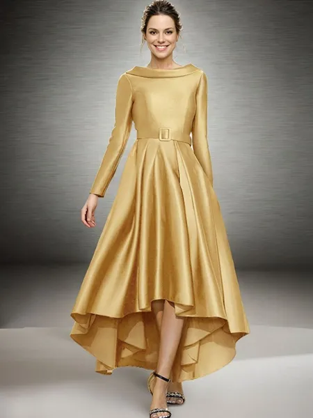 A-line Bateau Long Sleeves Ruffles Asymmetrical Satin Mother of the Bride Dress