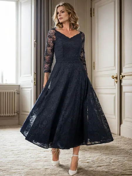 A-line V-neck 3/4 Sleeves Ruffles Tea-Length Lace Mother of the Bride Dress