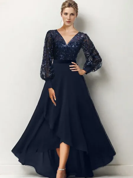 A-line V-neck Long Sleeves Ruffles Asymmetrical Chiffon Mother of the Bride Dress