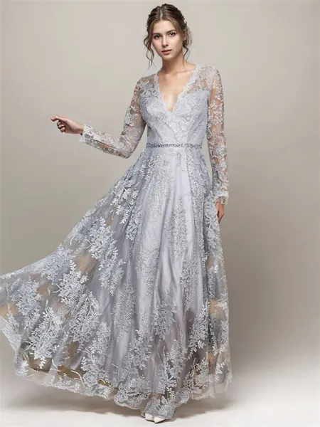 A-line V-neck Long Sleeves Ruffles Floor-Length Lace Mother of the Bride Dress