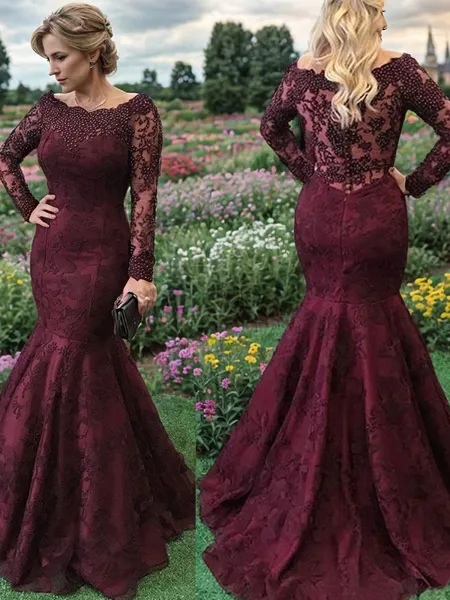 Mermaid Bateau Long Sleeves Appliques Lace Sweep Train Lace Mother of the Bride Dress