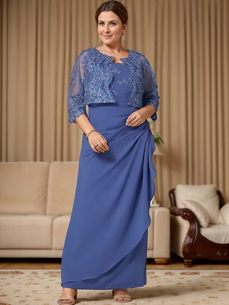 Sheath Scoop Appliques Lace Sweep Train Chiffon Mother of the Bride Dress